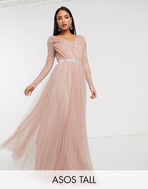 ASOS DESIGN Tall lace sleeve embellished waist trim detail tulle maxi dress in dusty pink