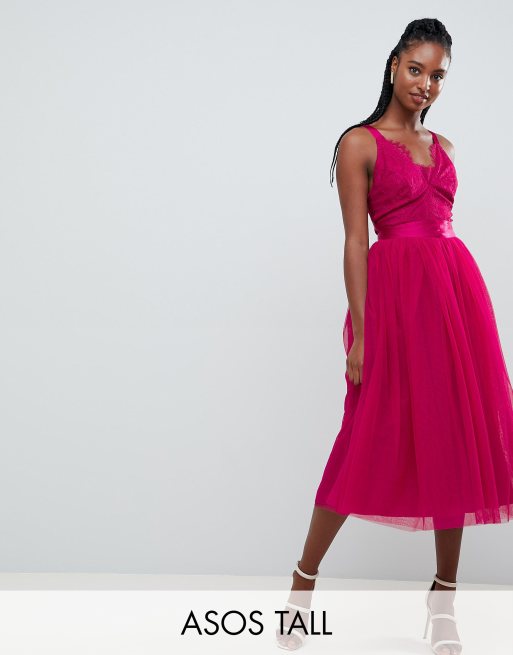 Asos Design Tall Lace Top Tulle Midi Prom Dress With Ribbon Ties Asos 5100