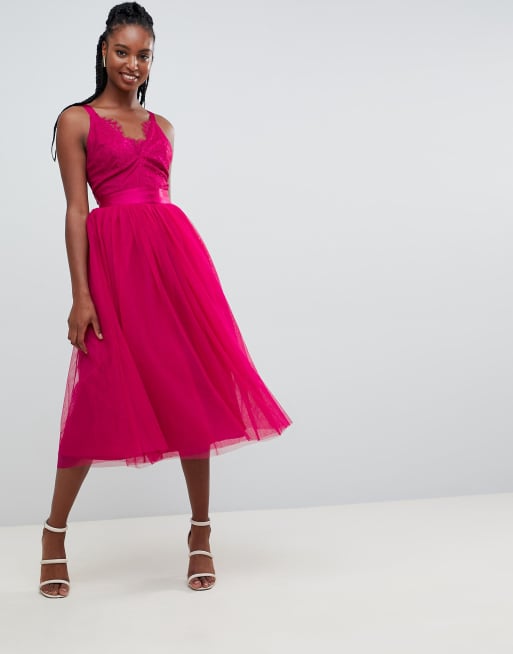 Tulle midi prom on sale dress with ribbon ties