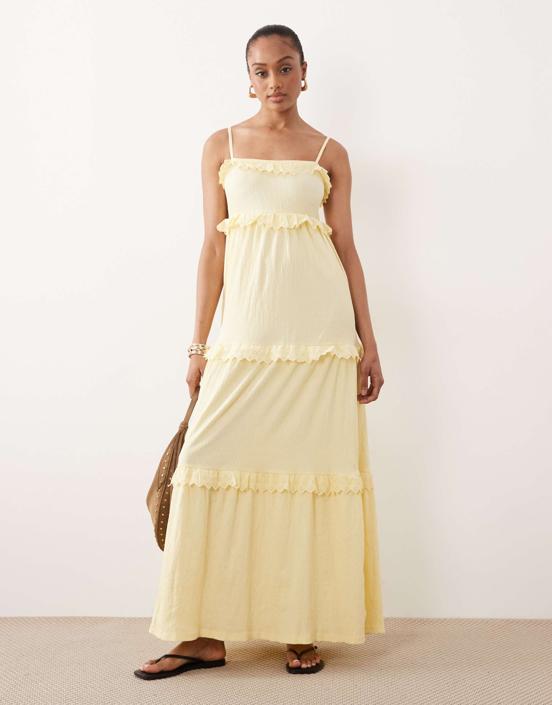 asos design tall lace trim tiered crinkle cami midi dress in buttermilk