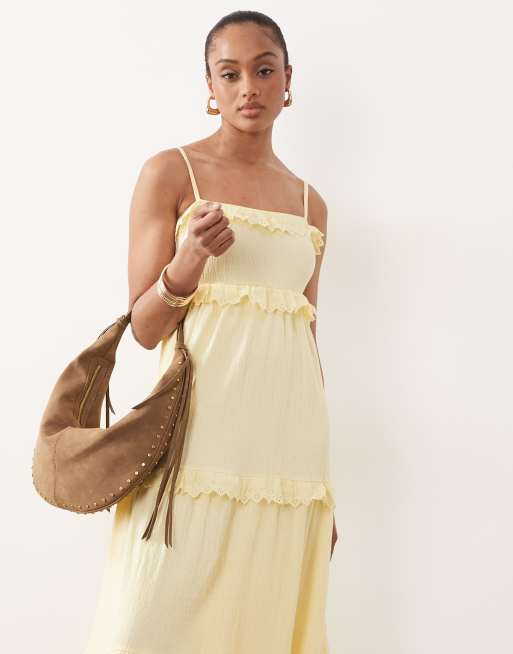 asos tall lace cami midi prom dress ASOS DESIGN Tall lace trim tiered crinkle cami midi dress in buttermilk