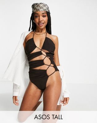 ASOS DESIGN Tall lace up channelled swimsuit in brown mesh - ASOS Price Checker