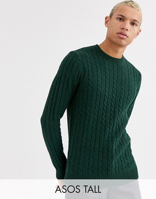 ASOS DESIGN Tall lambswool cable knit jumper in bottle green