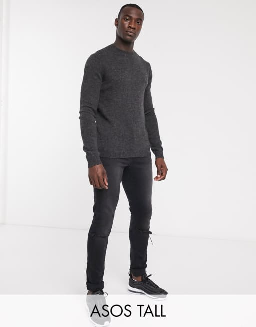 ASOS DESIGN Tall - Lamswollen trui met ronde hals in antracietgrijs