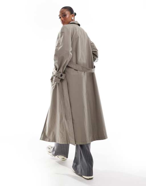 ASOS DESIGN Tall Lang geschnittener Oversize Trenchcoat in Pilzbraun mit Stehkragen
