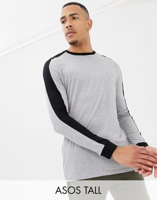 ASOS DESIGN Tall - Lang T-shirt met lange mouwen en contrasterende schouders in gemêleerd grijs