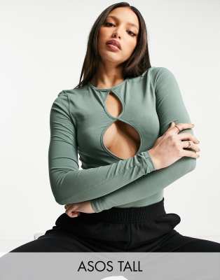 ASOS DESIGN Tall Langarmliger Body in Khaki mit Zierausschnitten ASOS