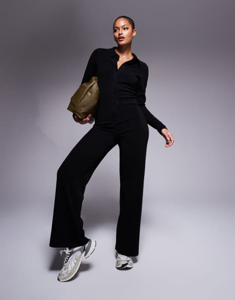 ASOS DESIGN Tall – Langärmliger Cord-Jumpsuit in Schwarz mit Knopfleiste - view 1