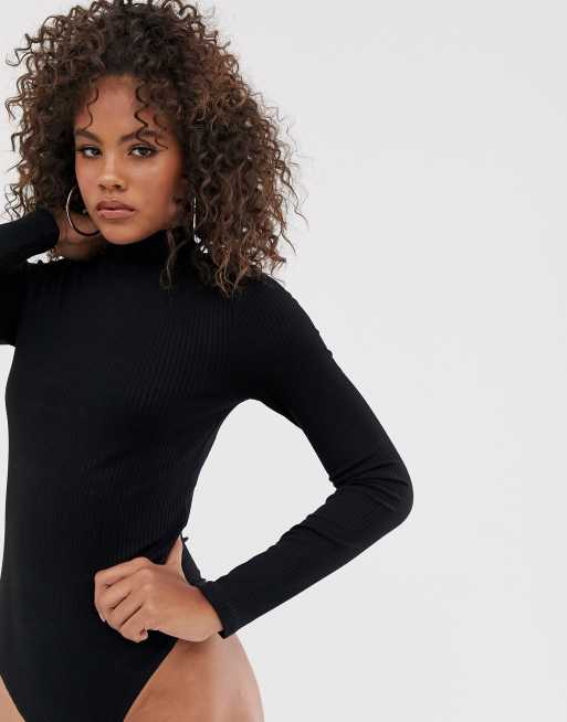 ASOS DESIGN Tall Langarmliger gerippter Bodysuit in Schwarz mit Stehkragen ASOS