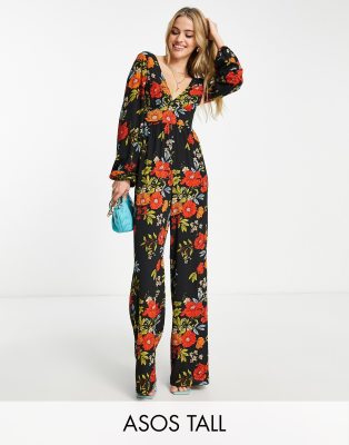 ASOS DESIGN Tall - Langärmliger Jumpsuit aus Blasenkrepp mit Blumenmuster und Knopfverschluss auf der Rückseite-Bunt