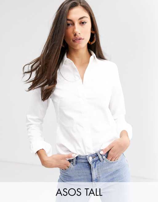 ASOS DESIGN Tall – Langärmliges, enges Hemd aus Baumwollstretch in Weiß