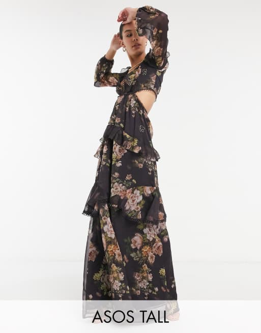 ASOS DESIGN Tall – Langärmliges Maxikleid mit Häkelborte, Blumenprint und Verzierung in Braun