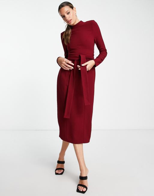 ASOS DESIGN Tall – Langärmliges Midikleid mit Obi-Gürtel in Rot, 4 von 4