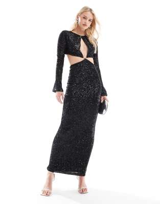 ASOS DESIGN Tall - Langärmliges Pailletten-Maxikleid in Schwarz mit Wickeldetail und Schlüssellochausschnitt