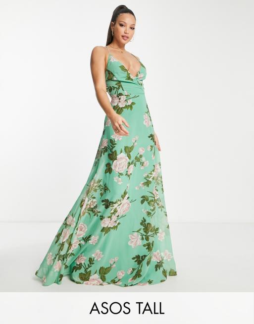 ASOS DESIGN Tall Lange cami jurk met overslag en gestrikte achterkant in saliegroen met bloemenprint ASOS