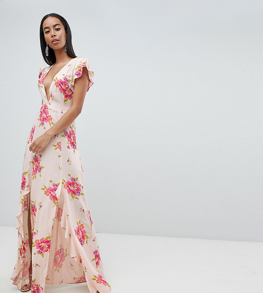 ASOS DESIGN - Tall - Lange diepuitgesneden bodycon-jurk met bloemenprint-Multi