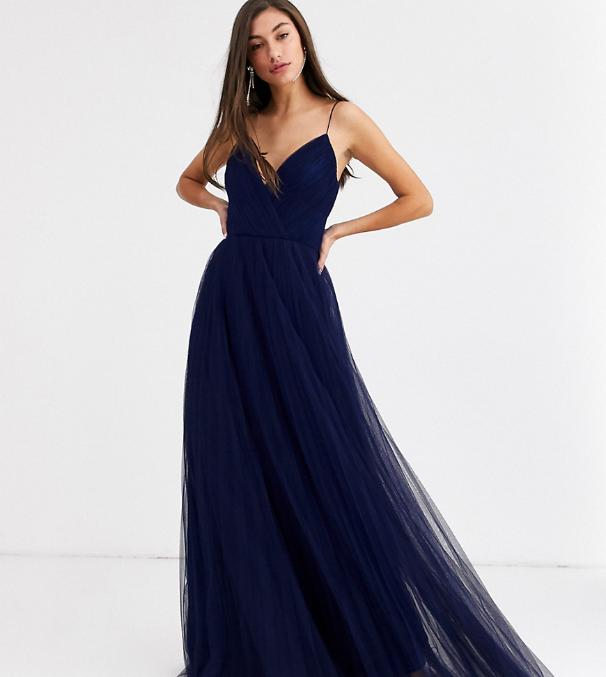 ASOS DESIGN Tall - Lange geplooide cami-jurk met tule-Marineblauw