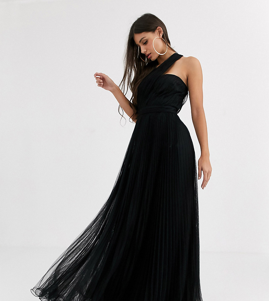 ASOS DESIGN Tall - Lange jurk met één schouder, tule en bandjes bij de zoom-Zwart