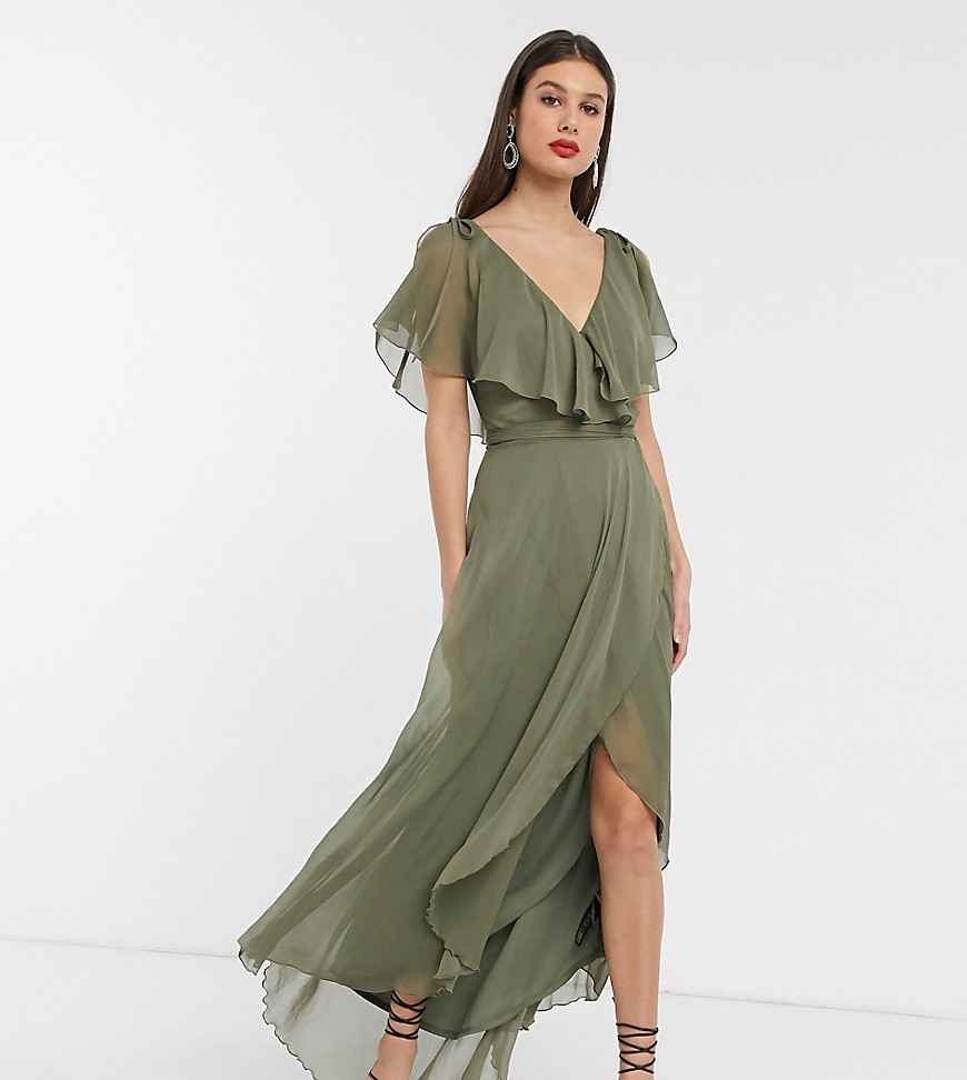 Asos Tall - Asos design tall - lange jurk met gestrikte schouders en mouwen met split en cape aan de achterkant-groen