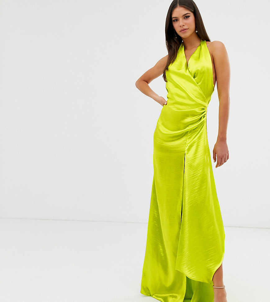 ASOS DESIGN Tall - Lange jurk met halter van hoogglanzende satijn met gedrapeerde hals-Groen