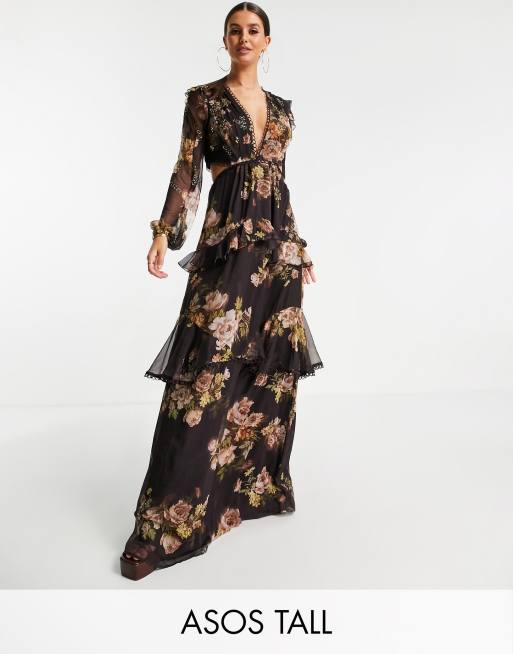 ASOS DESIGN Tall - Lange jurk met lange mouwen en cirkelvormige stroken in bloemenprint met versieringen in bessen