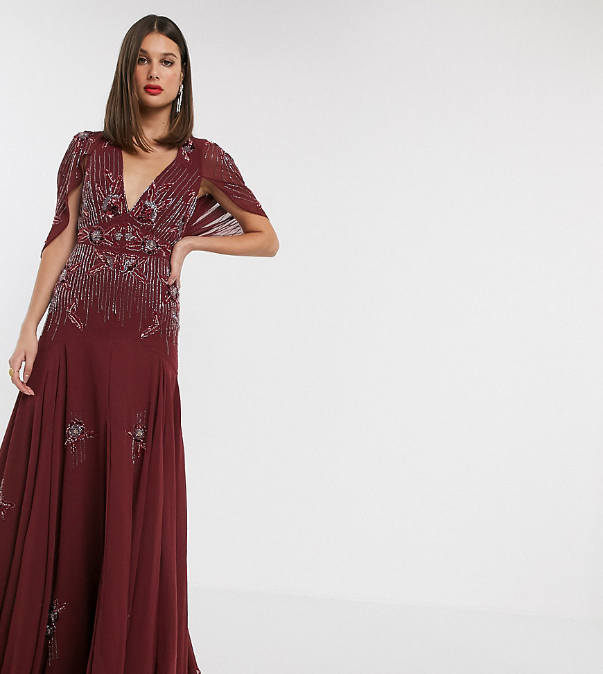 ASOS DESIGN Tall - Lange jurk met lijnen met lovertjes en bloemen van kralen-Rood