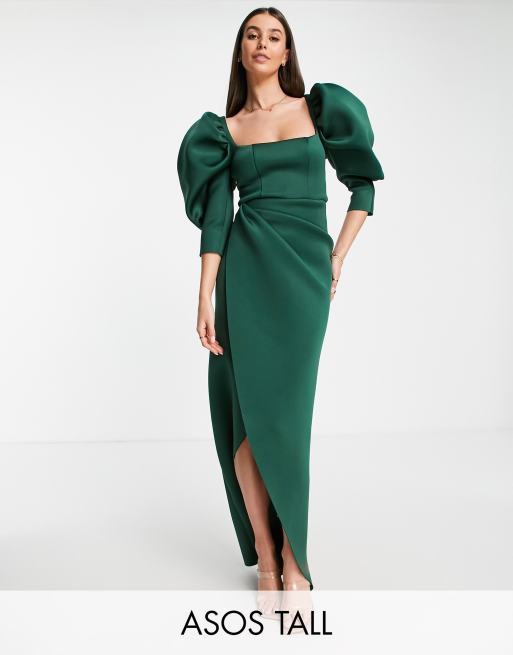 ASOS DESIGN Tall - Lange jurk met overslag en pofmouwen in bosgroen