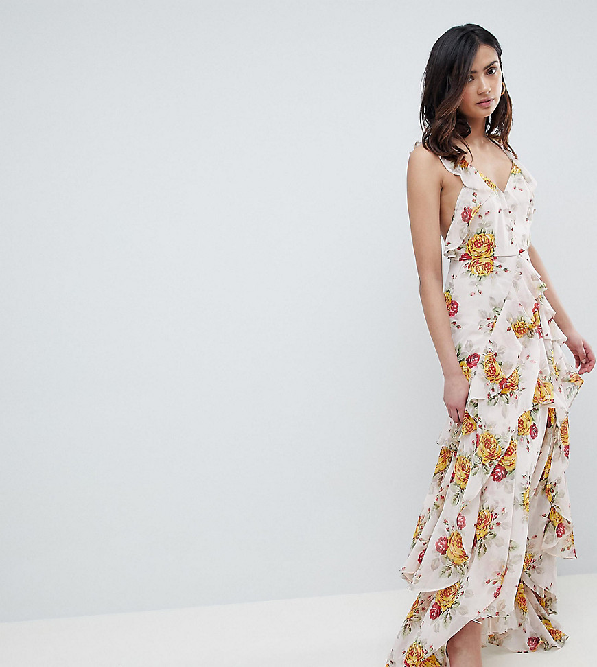ASOS DESIGN - Tall - Lange jurk met ruches met rozenprint-Multi