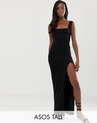 ASOS DESIGN Tall - Lange jurk met vierkante hals van gemengde stof met split-Zwart