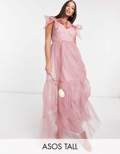ASOS DESIGN Tall - Lange jurk van tule met stroken en strikken in roze