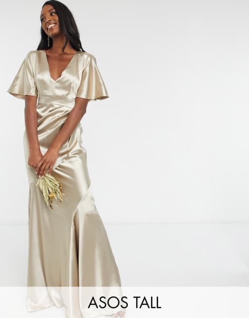 ASOS DESIGN Tall - Lange satijnen bruidsmeisjesjurk met kimonomouwen en rok met ceintuur en inzetstukken
