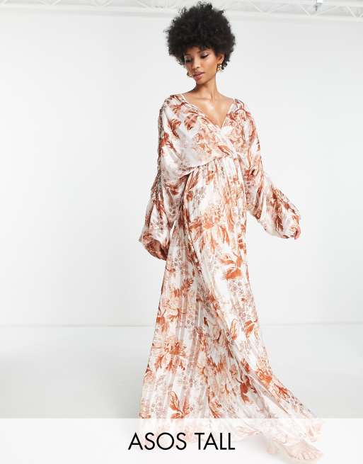 ASOS DESIGN Tall - Lange satijnen gestreepte jurk met ringdetail en blousonmouwen in bloemenprint 