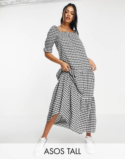 ASOS DESIGN Tall - Lange smockjurk met stroken in zwart-witte gingham ruit 