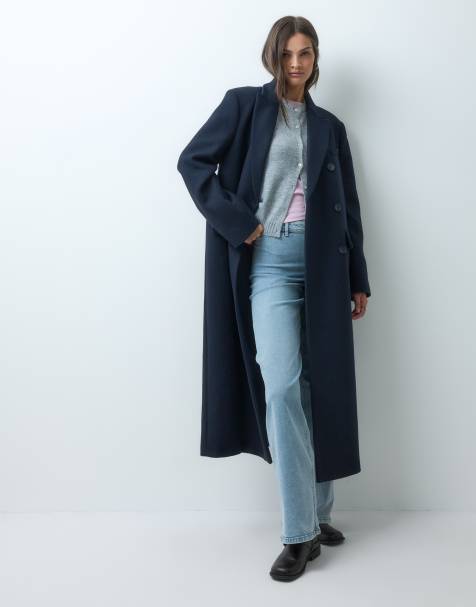 ASOS DESIGN Tall langer formeller Dad-Mantel mit Wolle in Marineblau - view 1