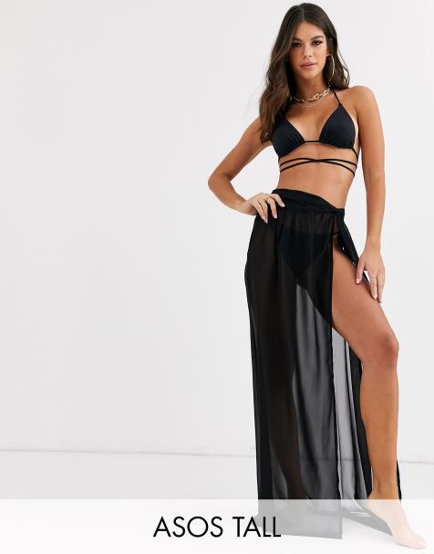 ASOS DESIGN TALL – Langer Strand-Sarong in Schwarz aus recyceltem Material mit verdrehter Vorderseite