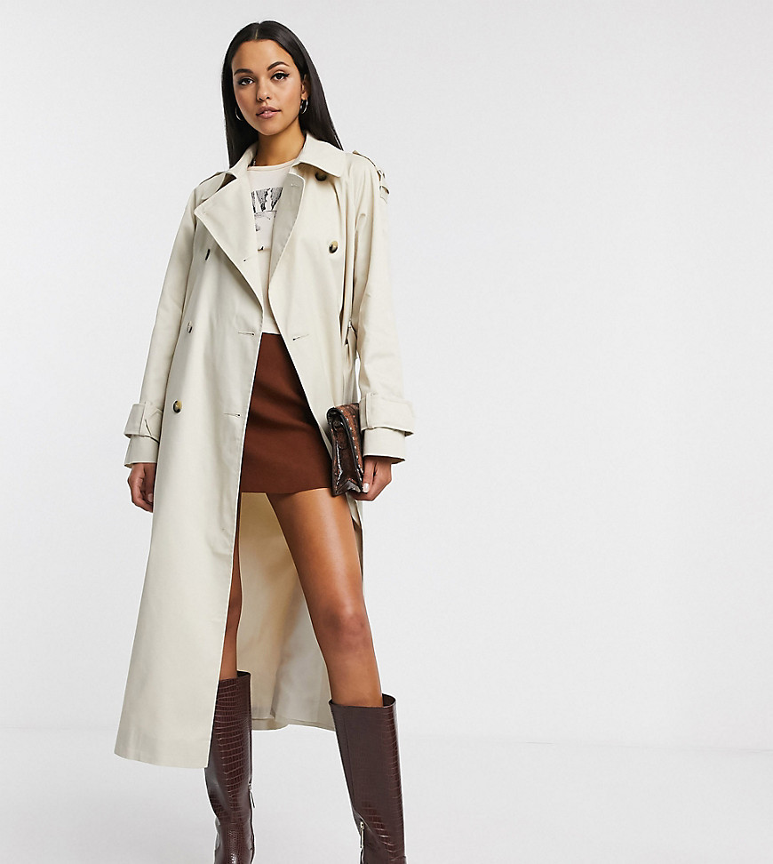 asos tall -  DESIGN Tall – Langer Trenchcoat in Stone-Weiß
