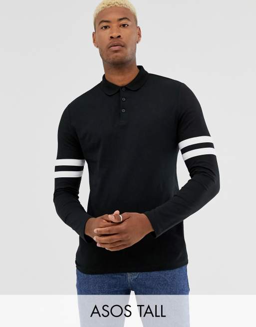ASOS DESIGN Tall - Langærmet poloskjorte med kontrastfarvet stribe på ærmerne i sort, økologisk bomuld