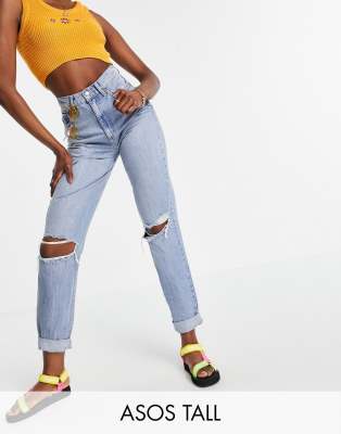 ASOS DESIGN Tall - Lässige Mom-Jeans in Stone-Waschung mit hohem Bund und Zierrissen-Blau