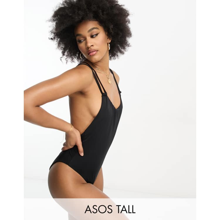 ASOS DESIGN Tall lattice strap swimsuit with high leg in black ASOS