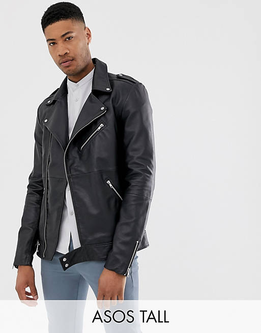 ASOS DESIGN Tall leather biker jacket in black | ASOS