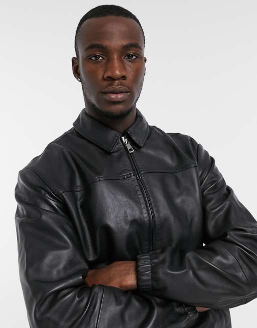 Black leather 2025 harrington jacket