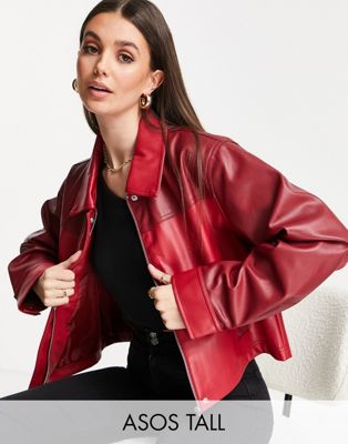 ASOS DESIGN Tall faux leather 70s jacket in red