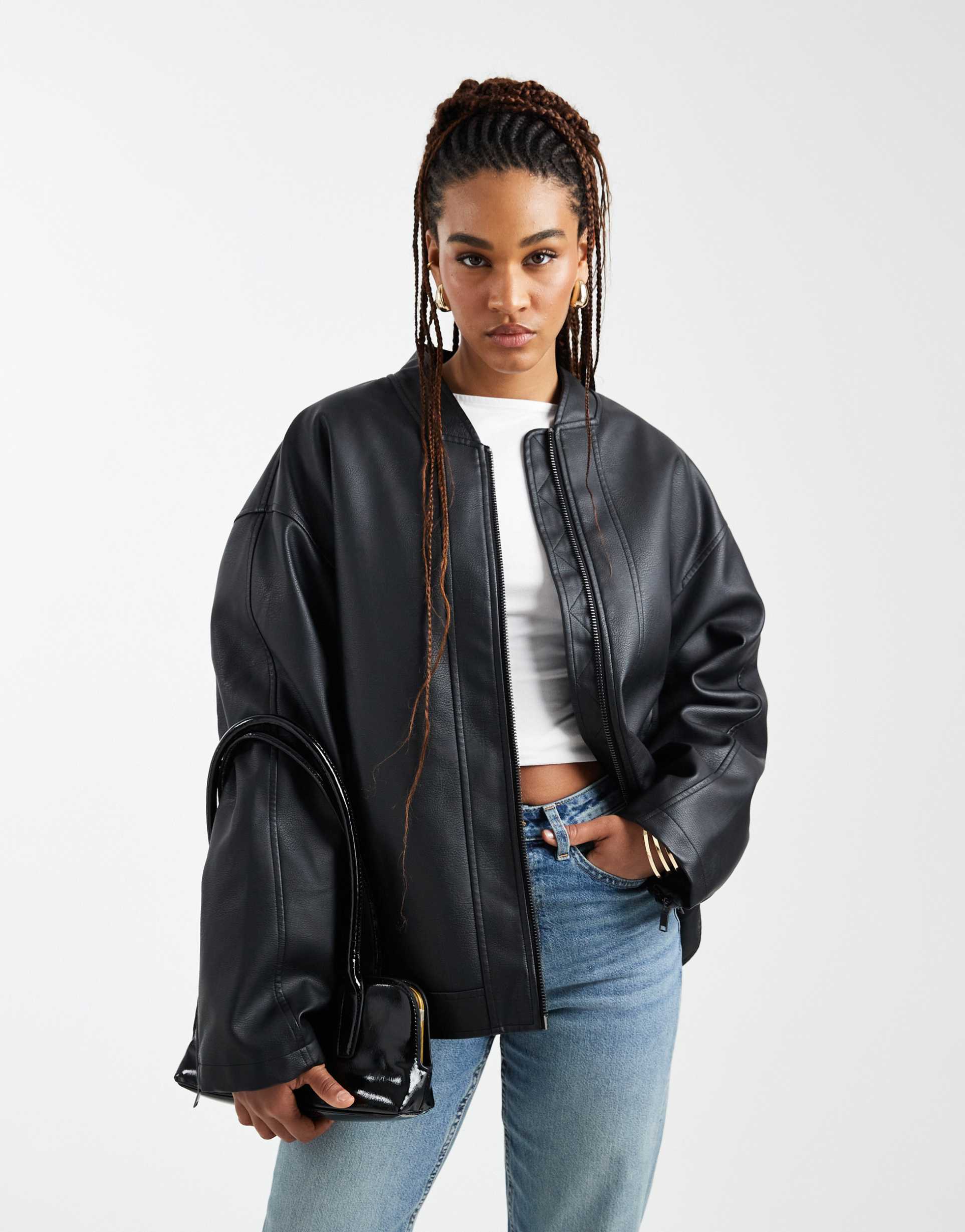 asos design tall leather look biker jacket with quilted liner in black