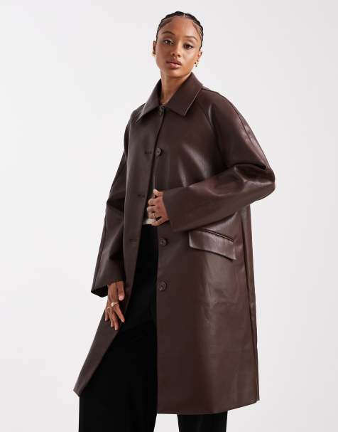 ASOS DESIGN Tall leather look car coat in chocolate - view 1