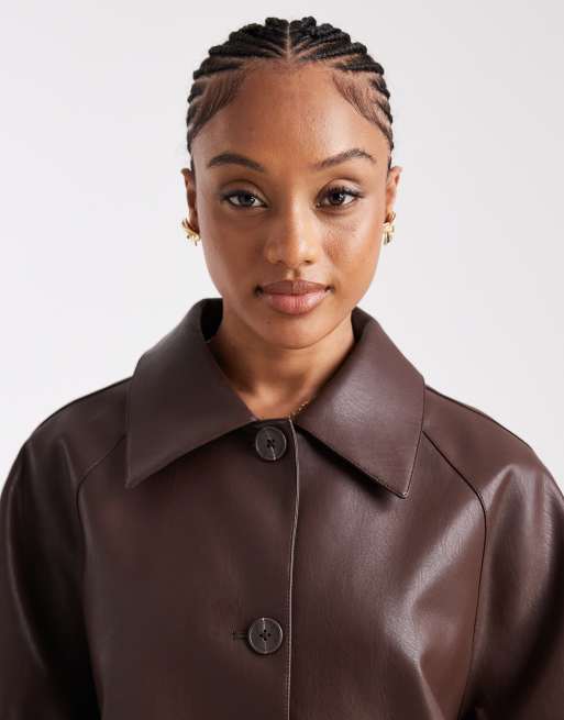 ASOS DESIGN Tall leather look car coat in chocolate