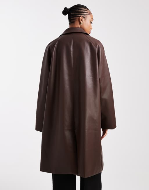 ASOS DESIGN Tall leather look car coat in chocolate, 3 of 4