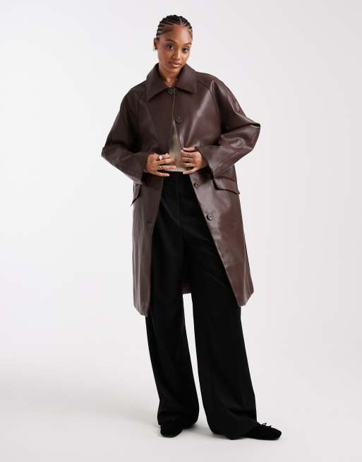 ASOS DESIGN Tall leather look car coat in chocolate