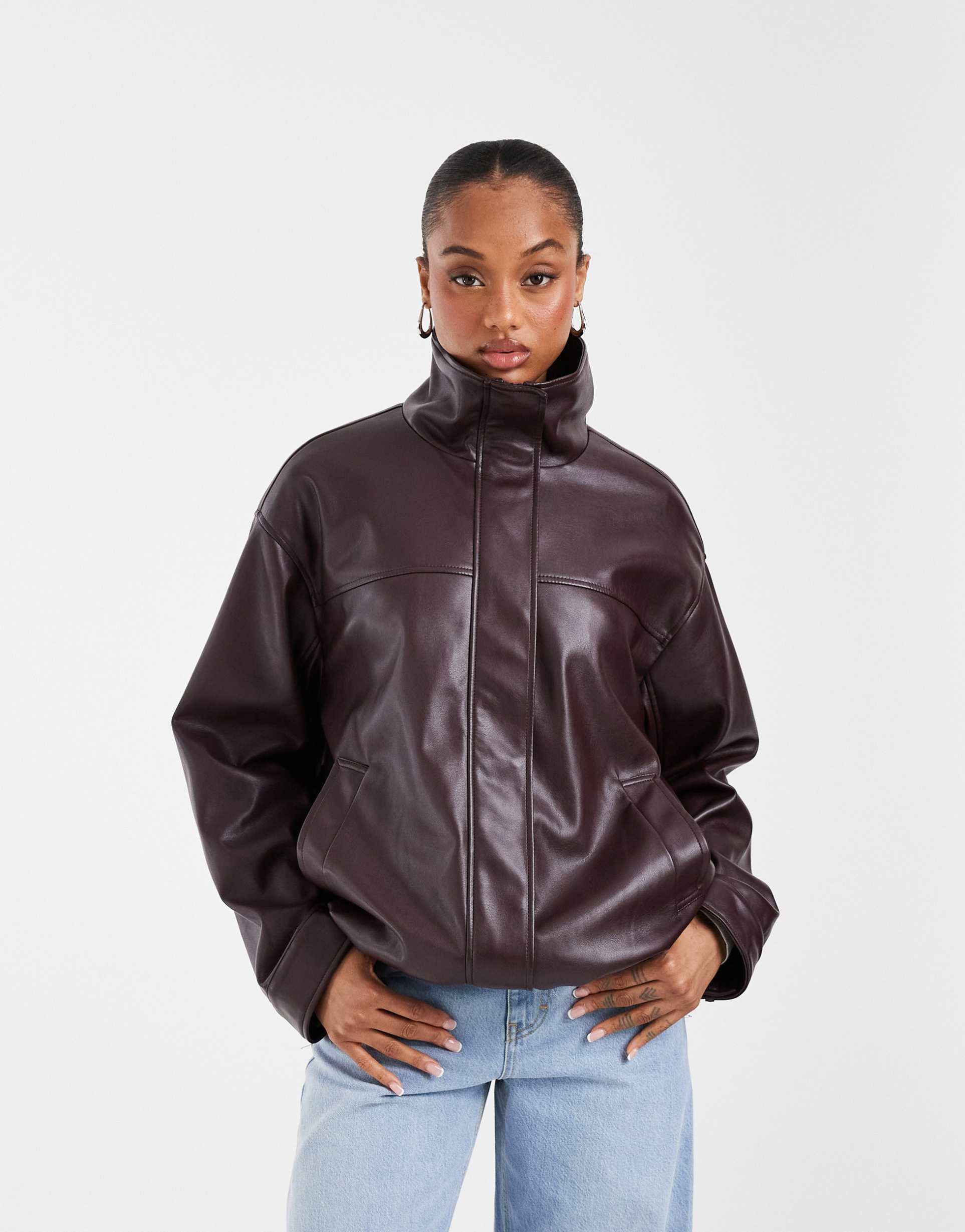asos design tall leather look funnel track bomber jacket in chocolate plum
