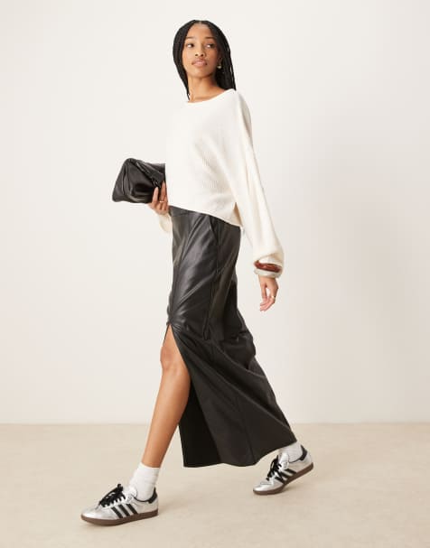 ASOS DESIGN Tall leather look maxi skirt with side split in black - view 1