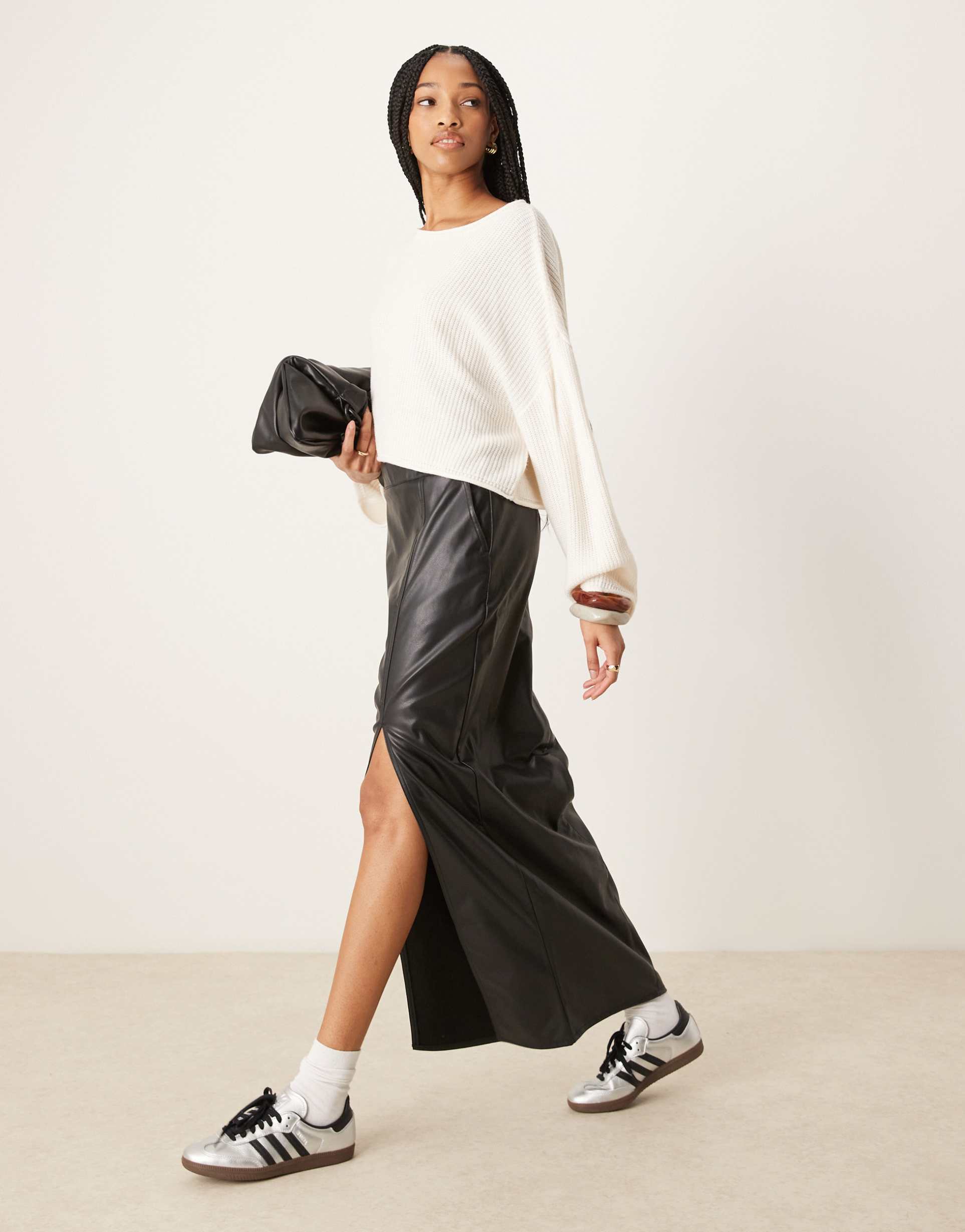 asos design tall leather look maxi skirt with side split in black